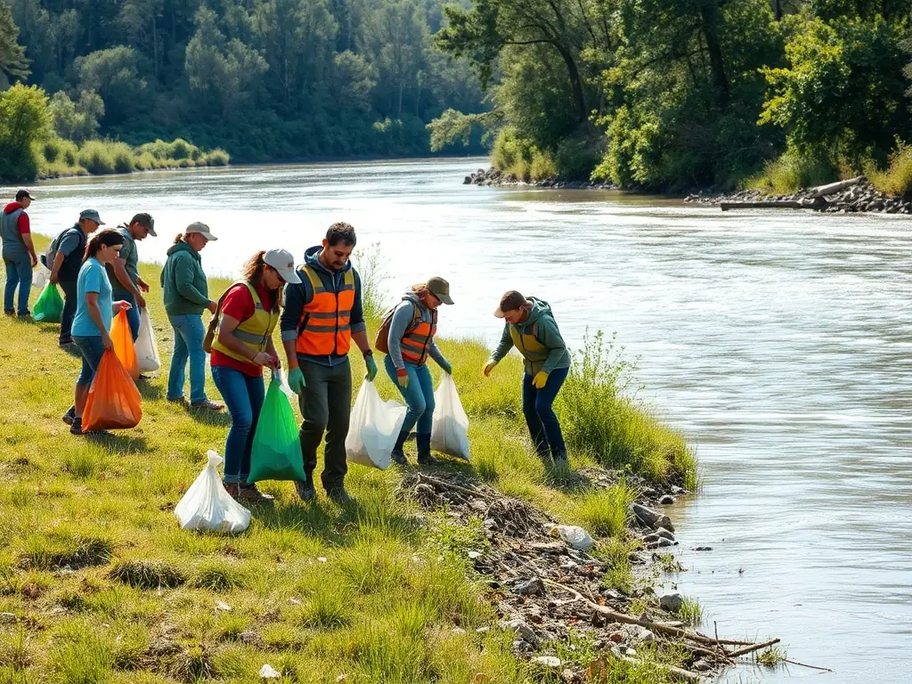 A vibrant photo showcasing volunteers cleaning up the shoreline of Chenal d'Ors, emphasizing the organization's commitment to environmental preservation and community involvement.