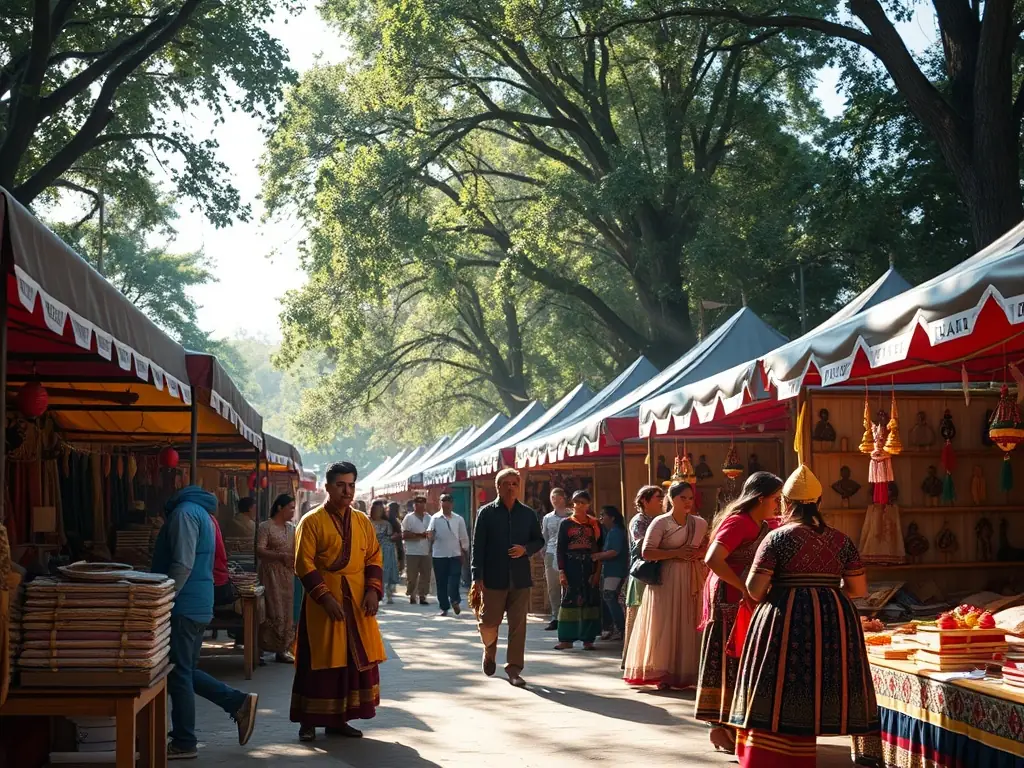 A vibrant scene from a LE CHENAL D'ORS cultural festival, featuring local musicians, artisans displaying their crafts, and community members enjoying traditional food and performances.