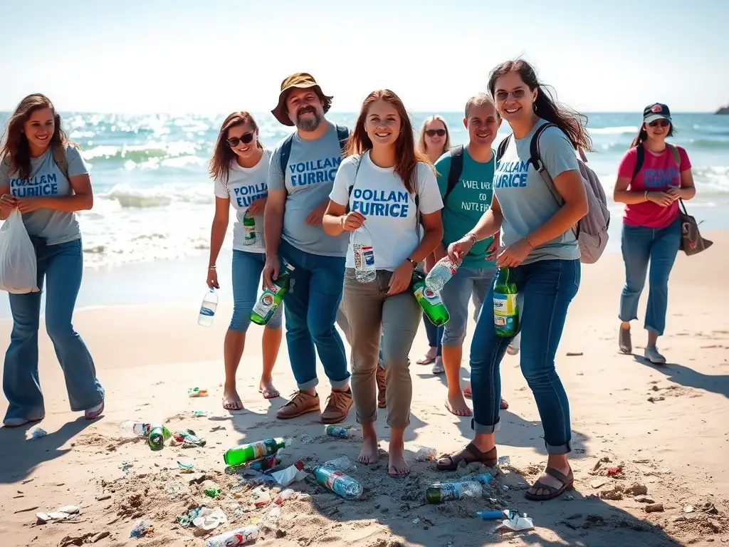 Volunteers participating in a LE CHENAL D'ORS organized beach cleanup along the Chenal d'Ors coastline, collecting litter and debris to protect the marine environment.