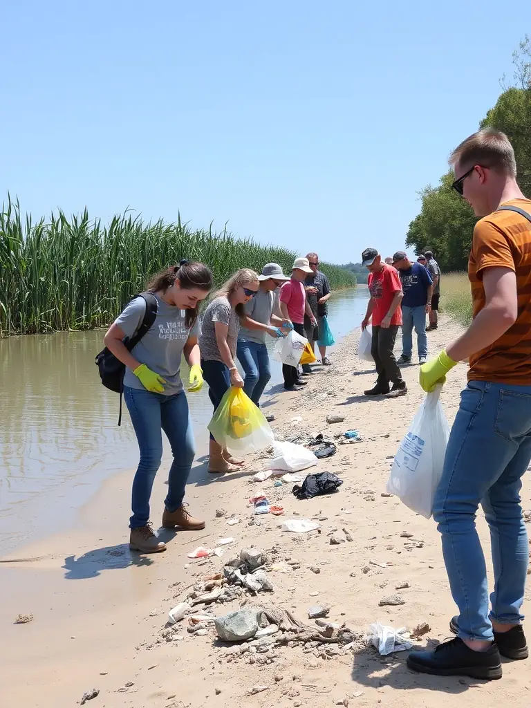 A vibrant photo of volunteers cleaning up the Chenal d'Ors coastline, removing litter and debris, showcasing the organization's commitment to environmental preservation.